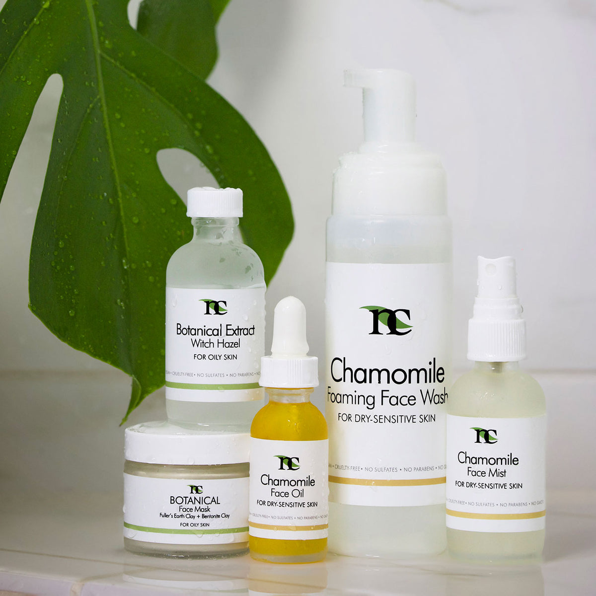 Periodic Skincare Set shown on countertop with green plant leaf in the background