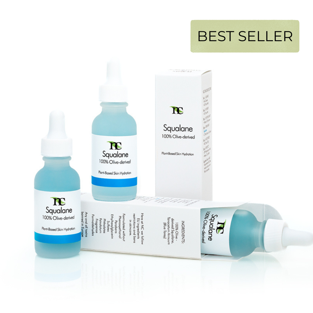 Squalane skincare products with packaging on a white background, labeled as a best seller.